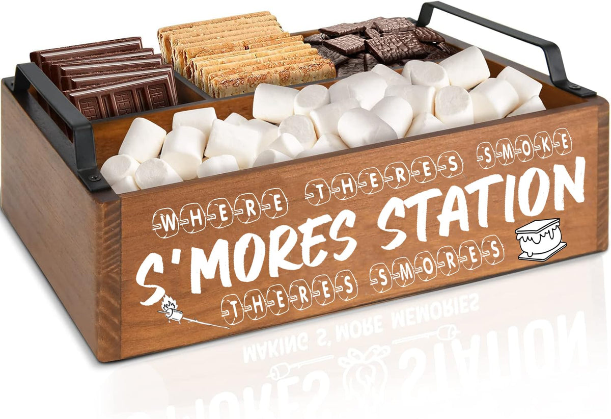 DEALZOOM Smores Station mini brown wooden tray with handles for easy outdoor serving.