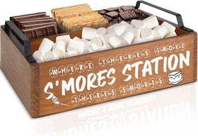 DEALZOOM Smores Station mini brown wooden tray with handles for easy outdoor serving.