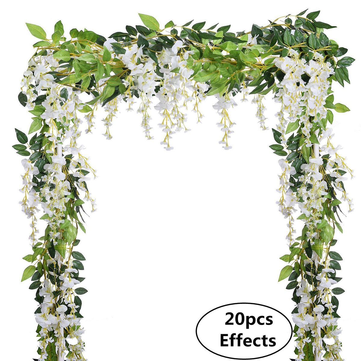 DearHouse wisteria garland arranged on an arch creates a lush, photogenic ceremony backdrop.