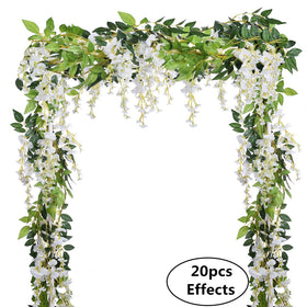DearHouse wisteria garland arranged on an arch creates a lush, photogenic ceremony backdrop.