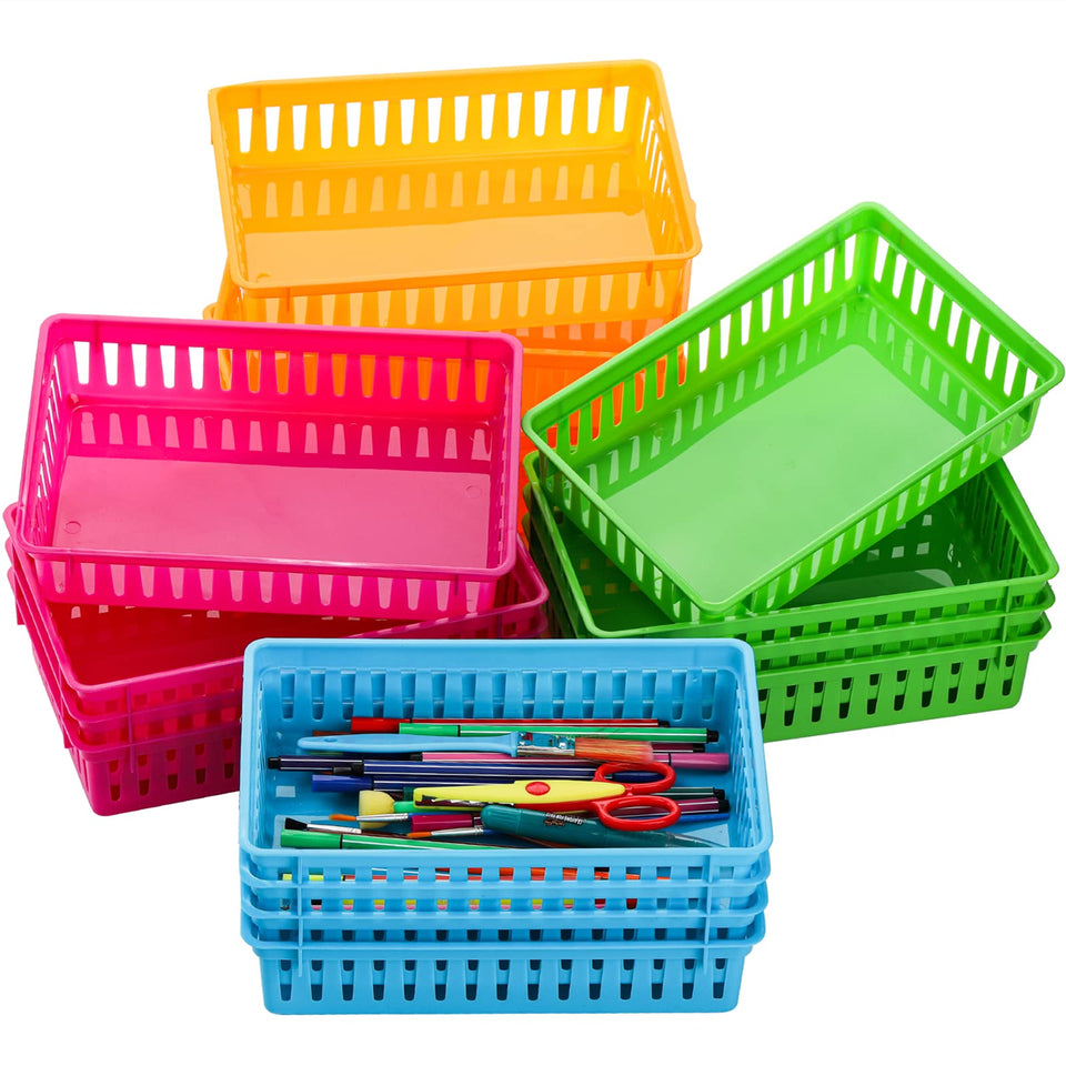 DEAYOU classroom storage baskets in bright colors for quick access to supplies.