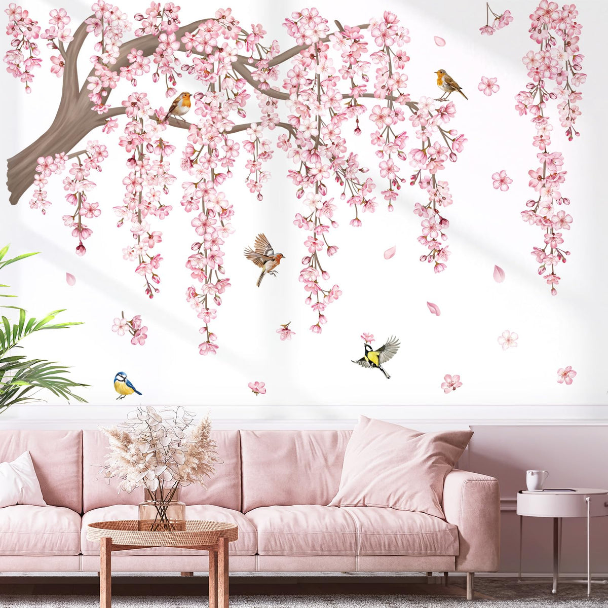 DecalMile large pink flower tree branch wall decals brighten walls and create a soft focal point