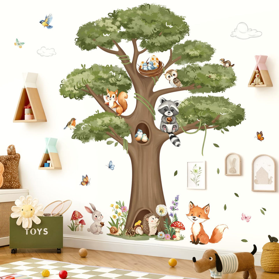 Decalmile woodland animals tree stickers create a playful forest scene for kids' rooms.