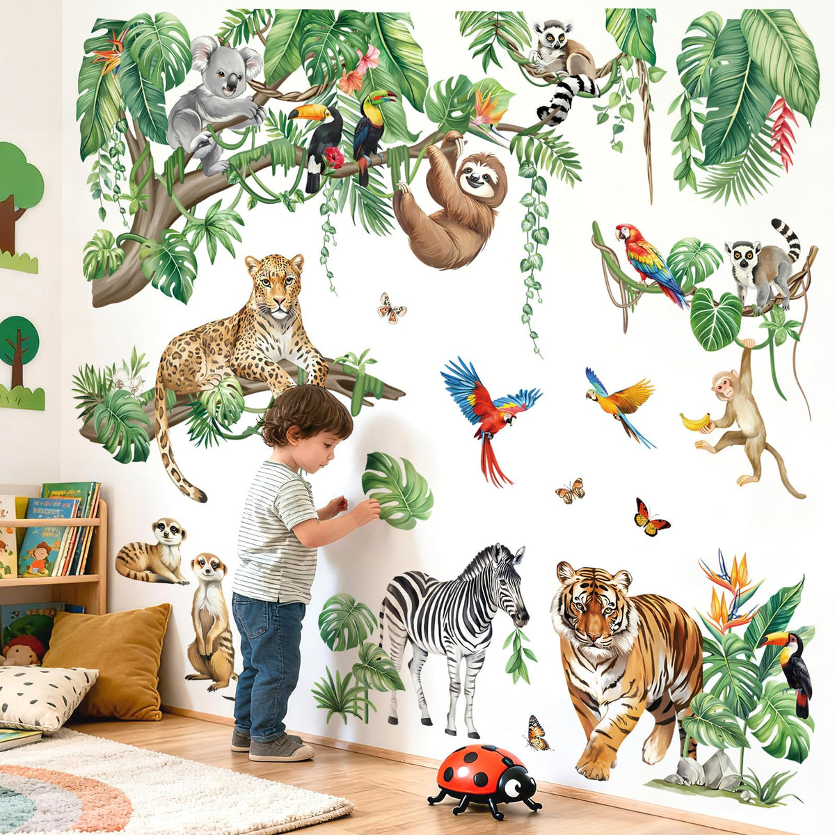 DecalMile XXL safari tiger wall sticker adds vibrant jungle decor to a nursery.