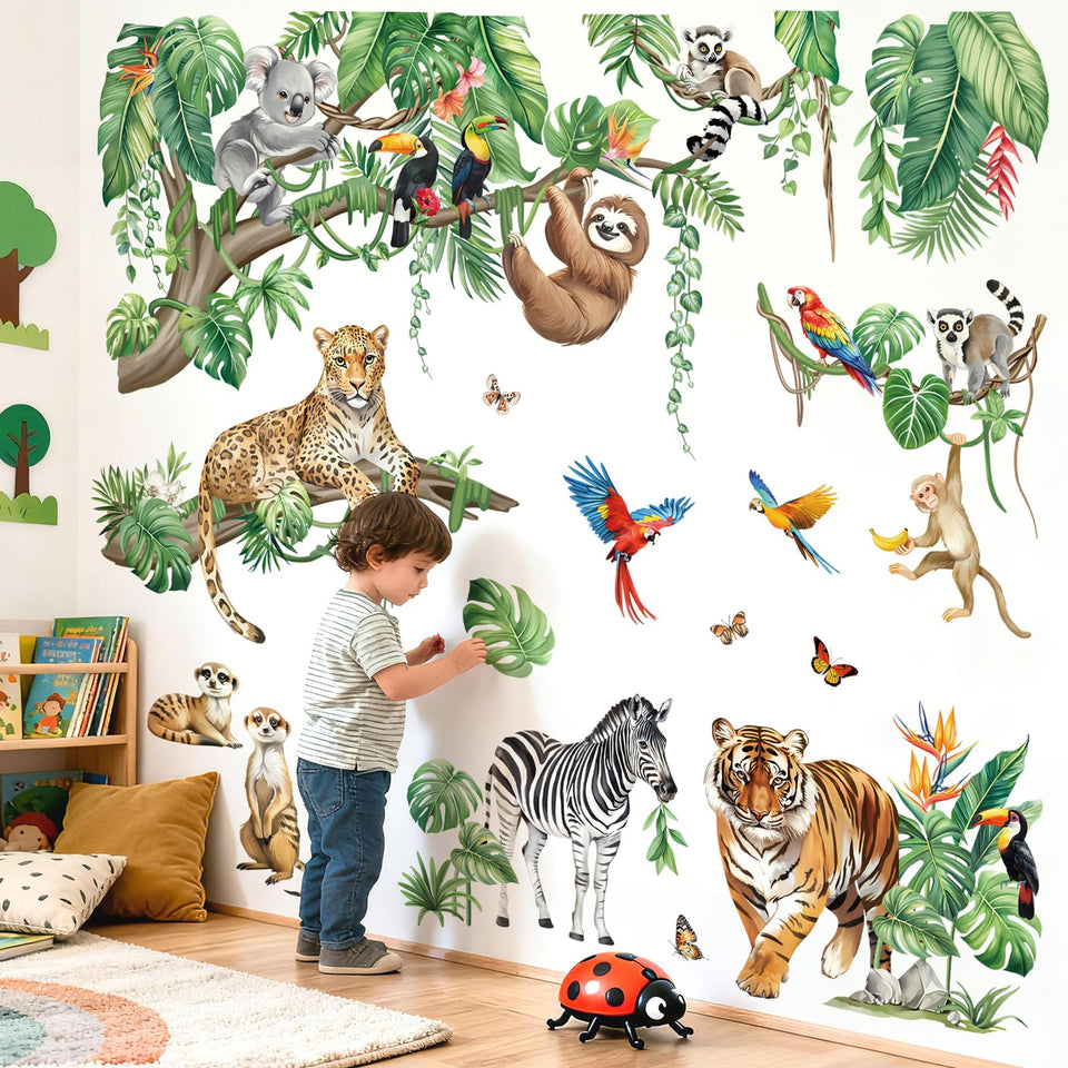 DecalMile XXL safari tiger wall sticker adds vibrant jungle decor to a nursery.