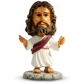 DECCED Jesus Bobblehead on dashboard — durable resin build for car decor.