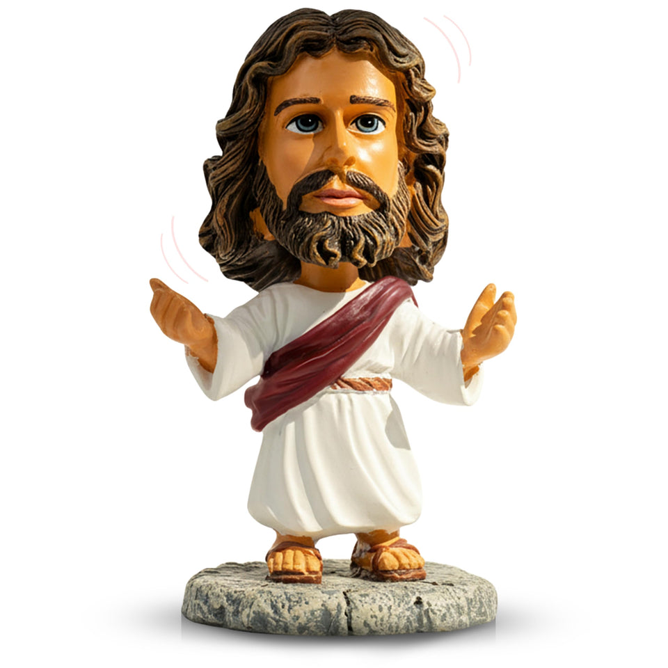 DECCED Jesus Bobblehead on dashboard — durable resin build for car decor.