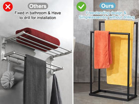DECLUTTR towel rack stand side view showing compact, space-saving profile