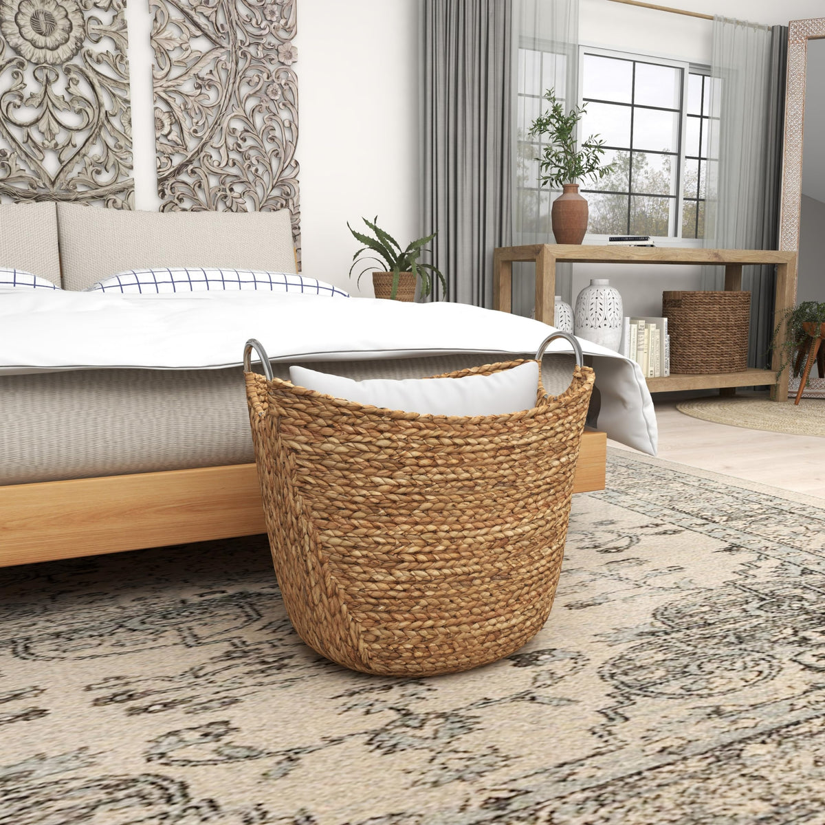 Deco 79 seagrass basket with durable ring handles for easy moving