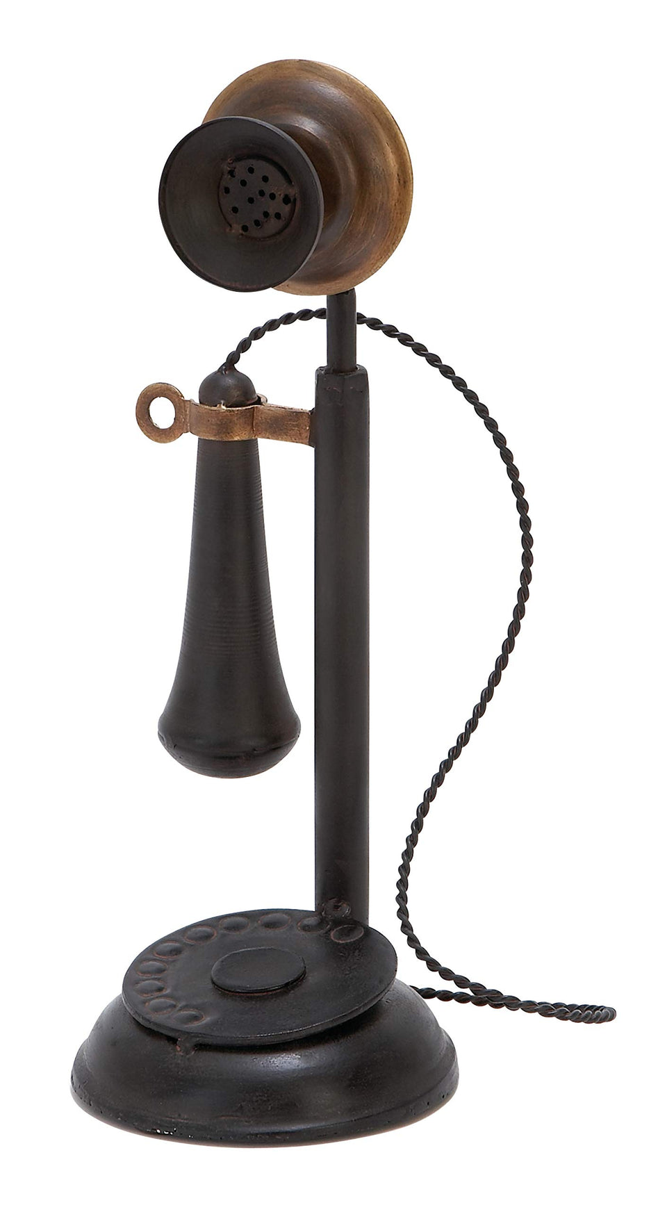 Deco 79 metal telephone sculpture front view adds antique charm to shelves.