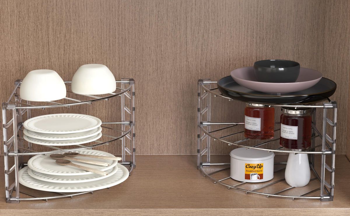 Deco Brothers 2-pack shelves maximize counter and cabinet organization.