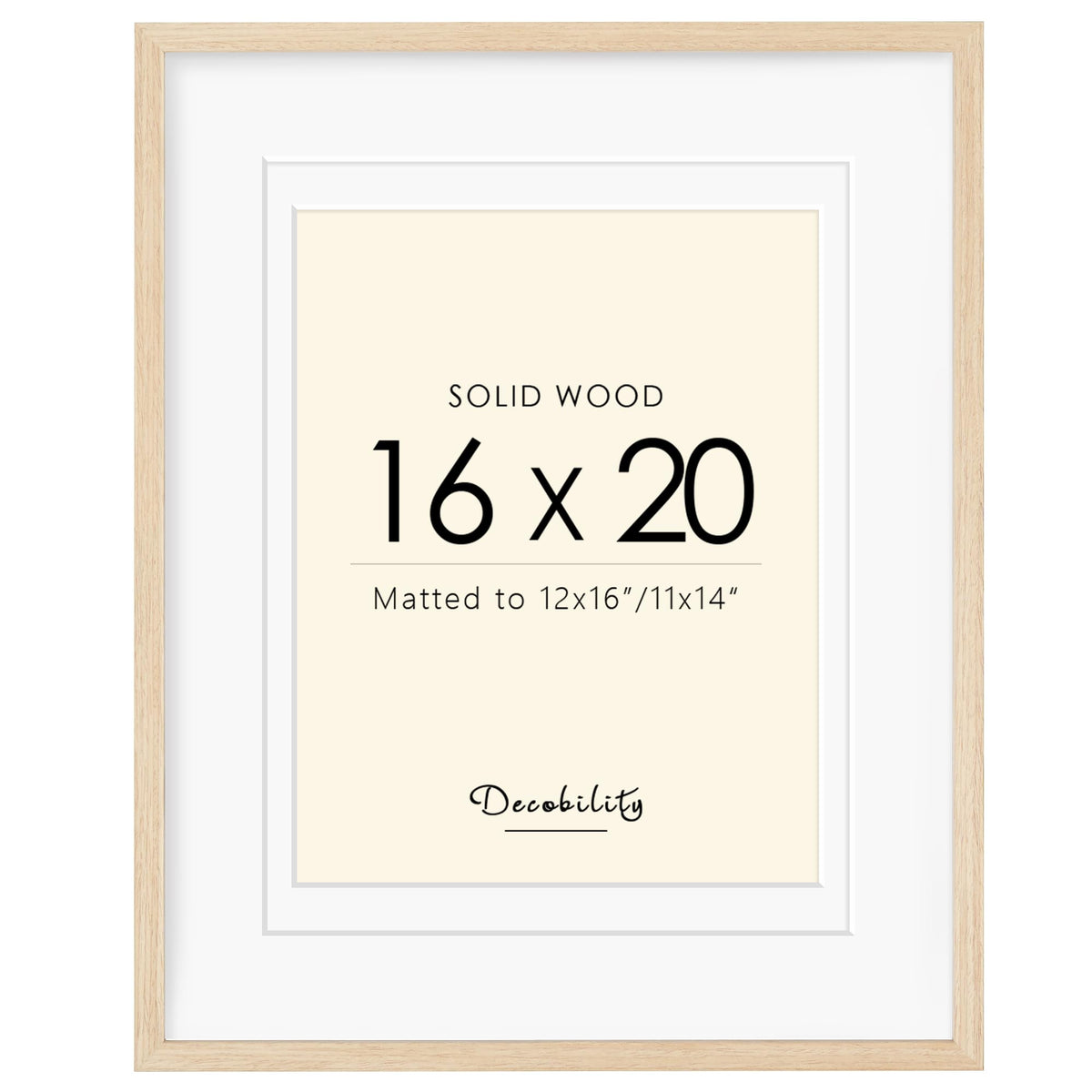 Decobility 16x20 frame front view in oak finish showcases durable, timeless display.