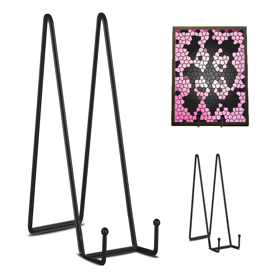 Decolore 16-inch black plate stand displaying a decorative plate for home display.