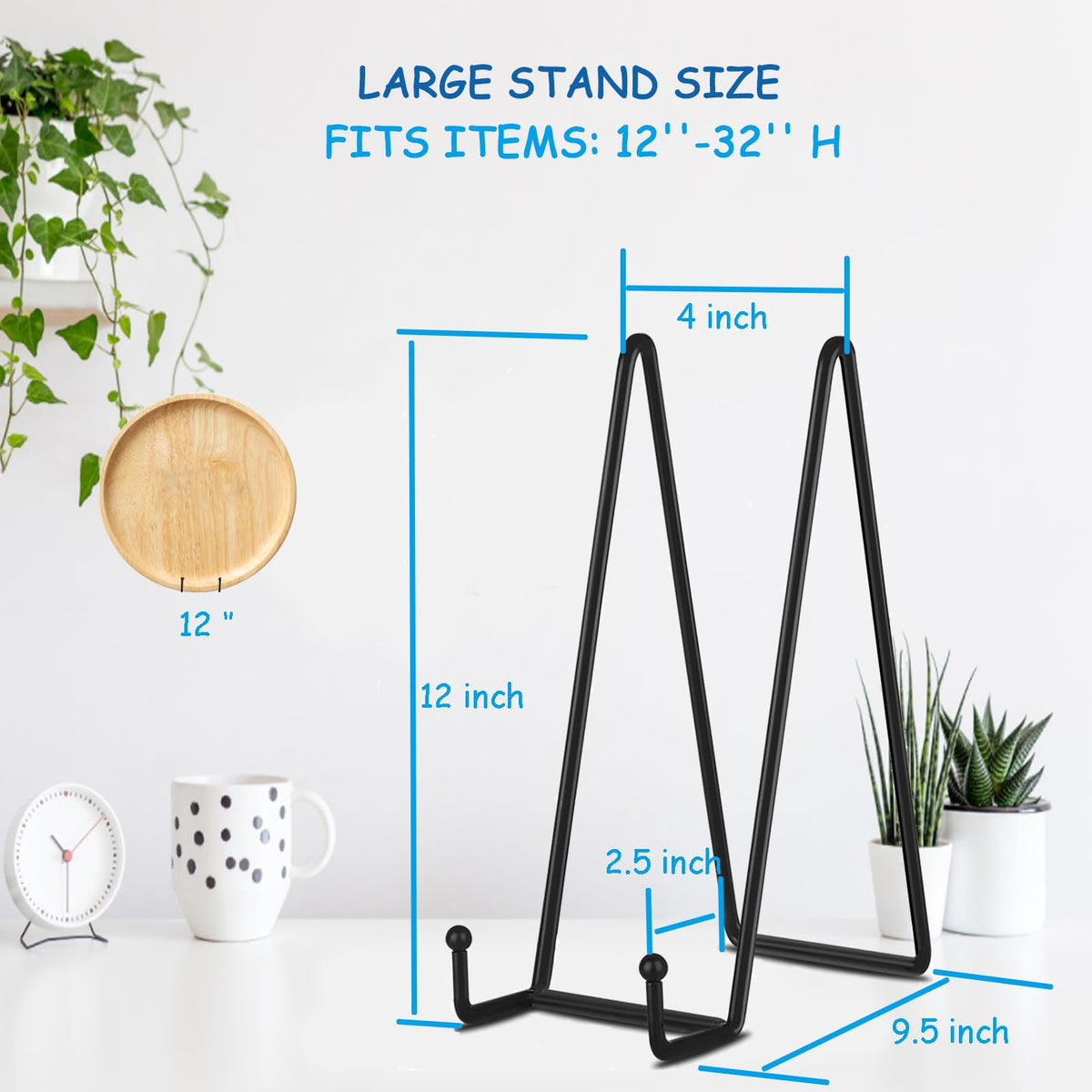 Decolore 12-inch black stand side view showing stable display angle