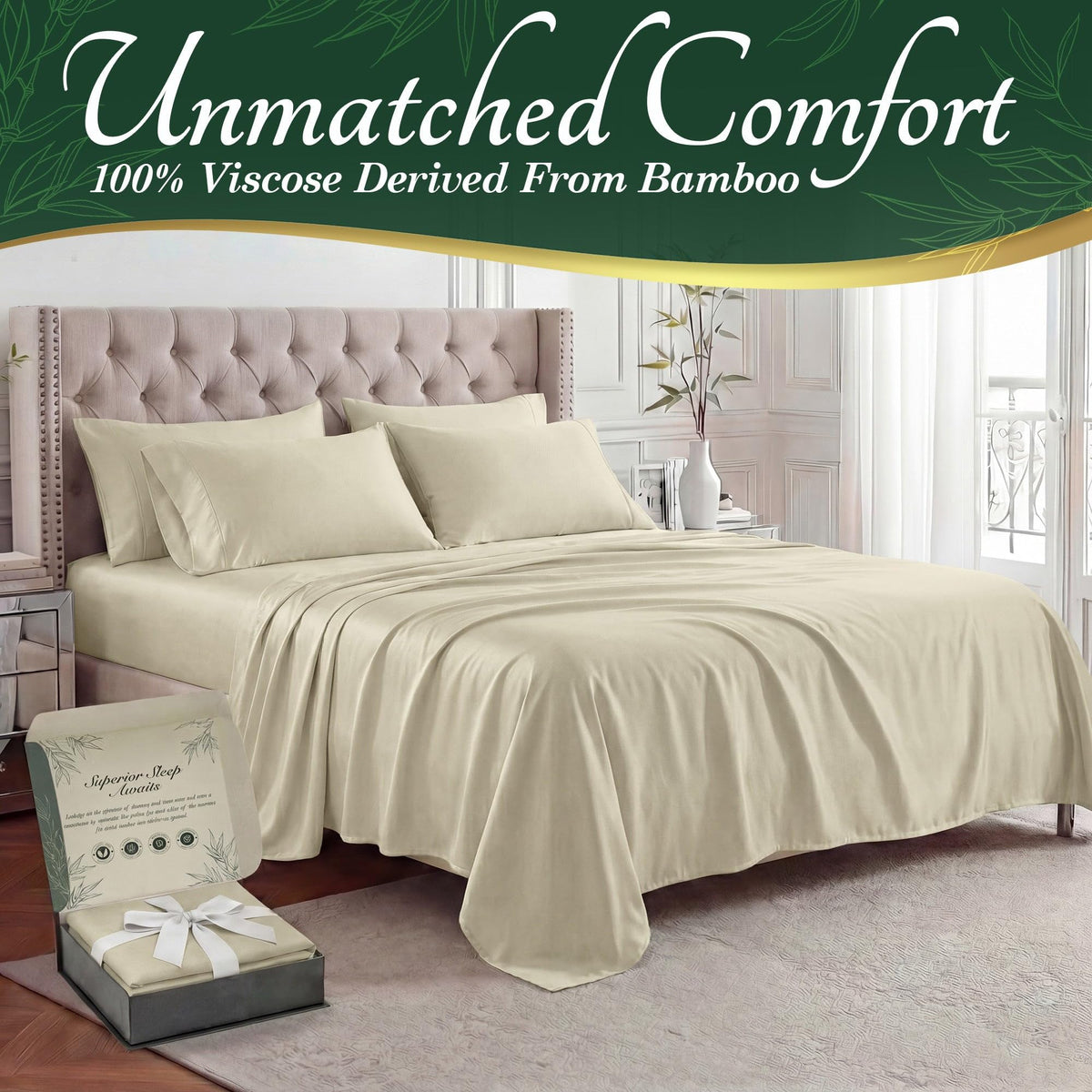 DECOLURE bamboo sheets queen fitted sheet features deep 17-inch pockets for thick mattresses.