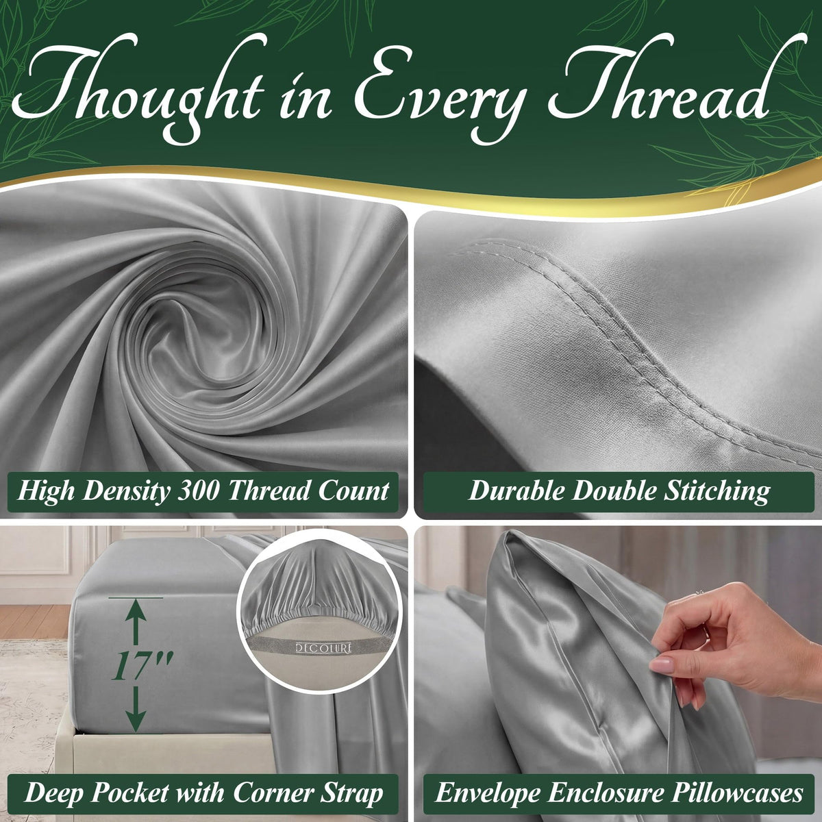 Close-up shows double stitching on Decolure bamboo sheets for lasting durability