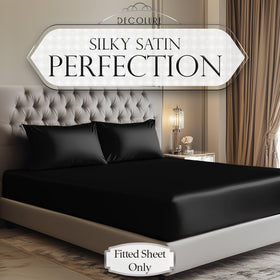 DECOLURE satin king sheet with 15-inch deep pockets fitted securely for an all-night smooth bed