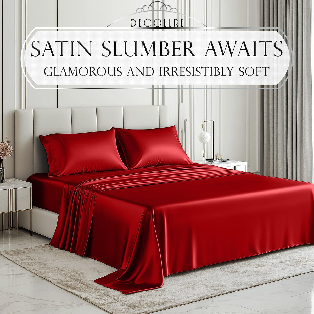 DECOLURE satin bed sheets 15-inch deep pocket red ensures a secure fit through the night