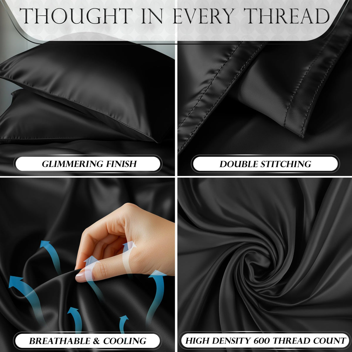 DECOLURE satin fitted sheet with 15-inch pocket securing mattress edge smoothly.