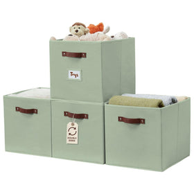 DECOMOMO 4-pack sage green baskets on Kallax shelf maximize storage space.