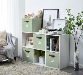 DECOMOMO sage green basket front label slot for easy content labeling.