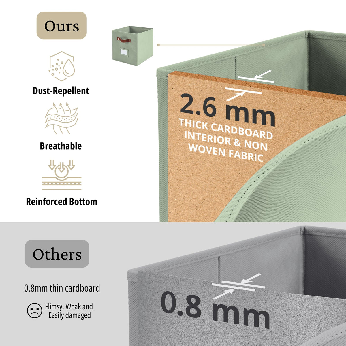 DECOMOMO front-view sage green basket shows compact square profile for tight spaces.