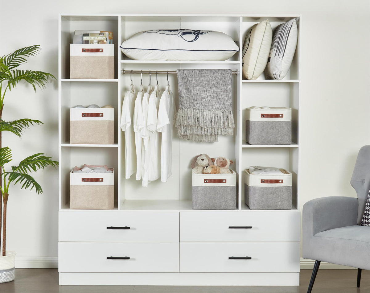 DECOMOMO closet organization setup using grey-white bins.