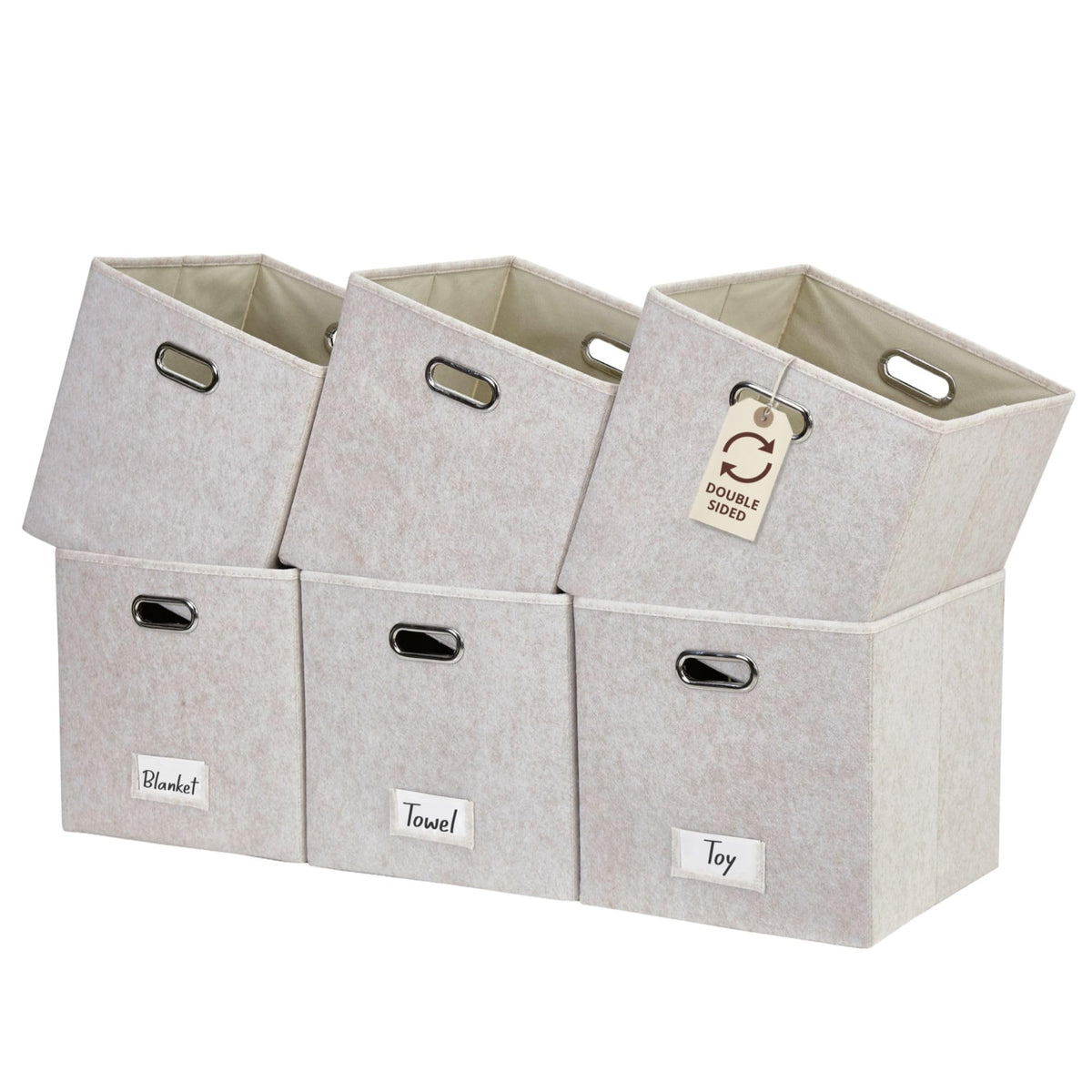 DECOMOMO beige felt storage bin front view on shelf for organized storage