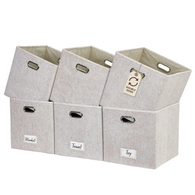 DECOMOMO beige felt storage bin front view on shelf for organized storage