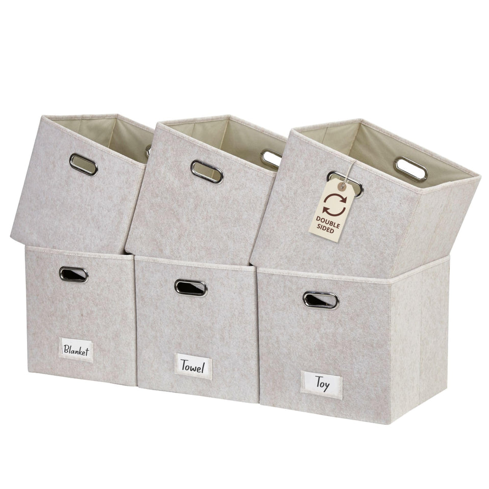 DECOMOMO beige felt storage bin front view on shelf for organized storage