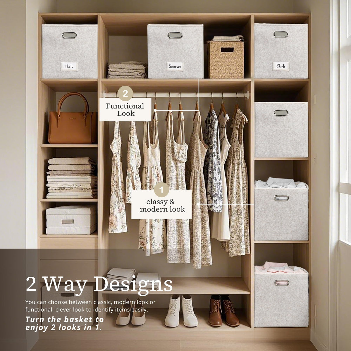 DECOMOMO collapsible felt bin shown on a shelf for organization