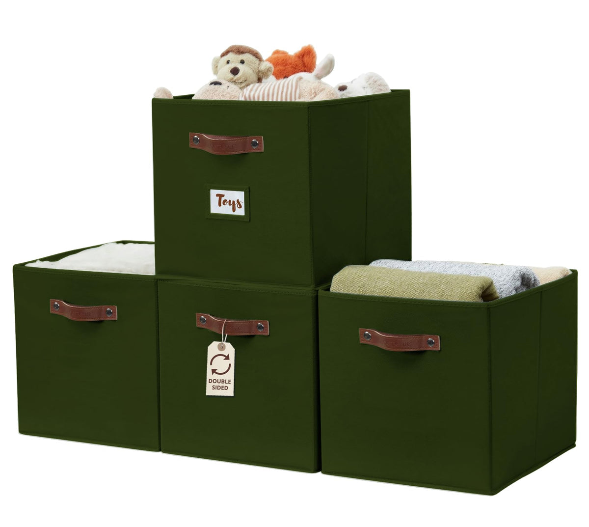 DECOMOMO Kallax olive green bin with front label holder on shelf.