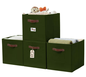 DECOMOMO Kallax olive green bin with front label holder on shelf.
