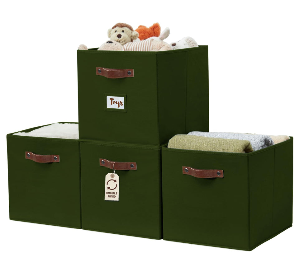 DECOMOMO Kallax olive green bin with front label holder on shelf.