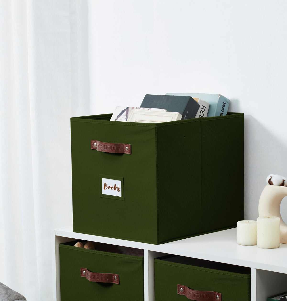 Bin on shelf with neat labels for easy retrieval.