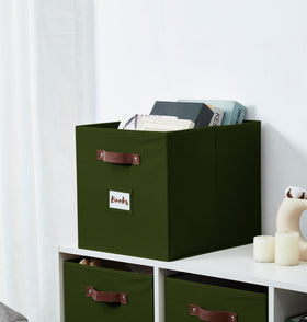 Bin on shelf with neat labels for easy retrieval.