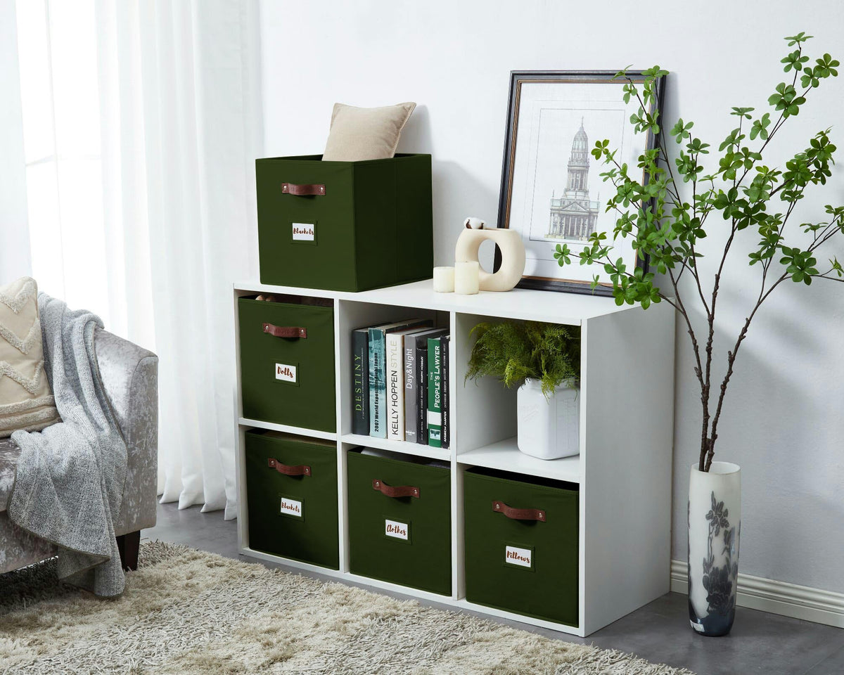 DECOMOMO Kallax bin olive green, side view for versatile storage.