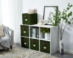 DECOMOMO Kallax bin olive green, side view for versatile storage.