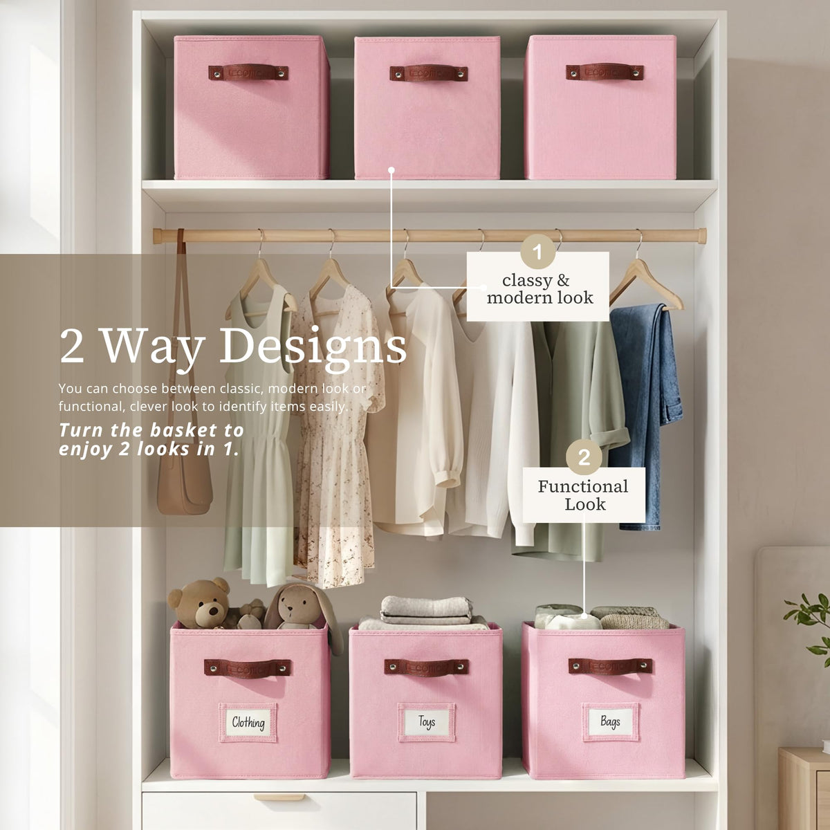 DECOMOMO storage bin shows a label holder on the front for quick ID.