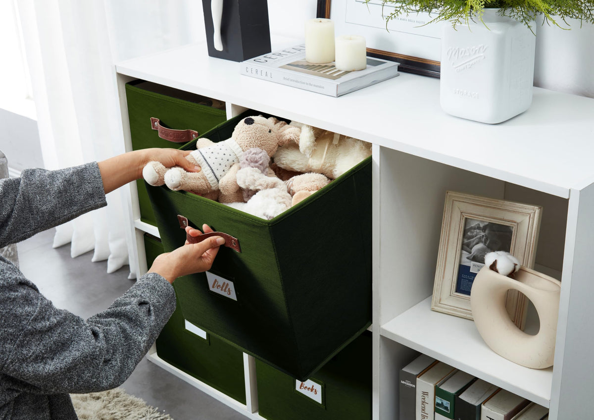DECOMOMO living room setup showing neat storage with olive bins