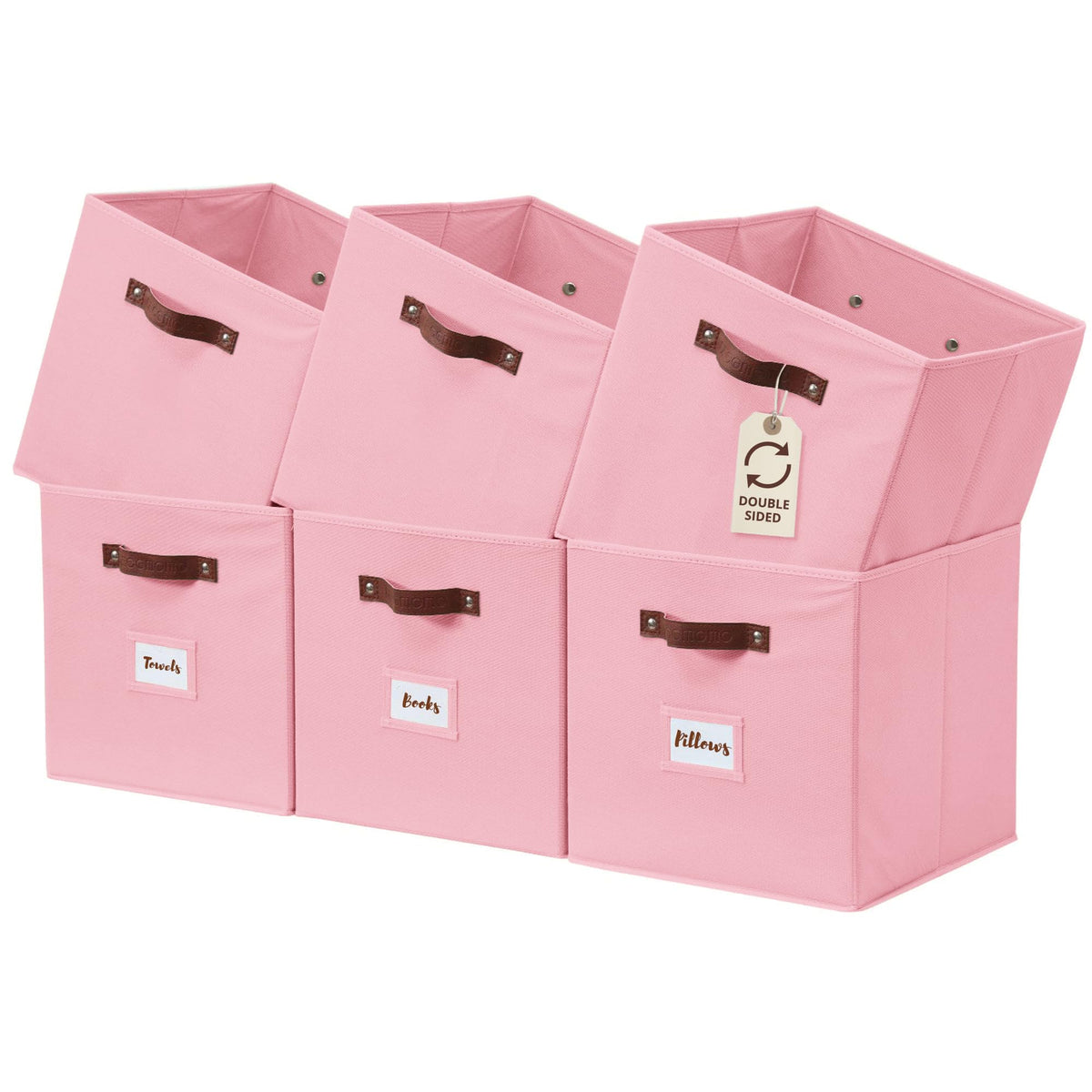 DECOMOMO pink storage bin with front label for easy categorization on shelves.