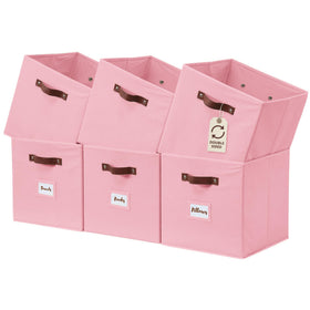 DECOMOMO pink storage bin with front label for easy categorization on shelves.