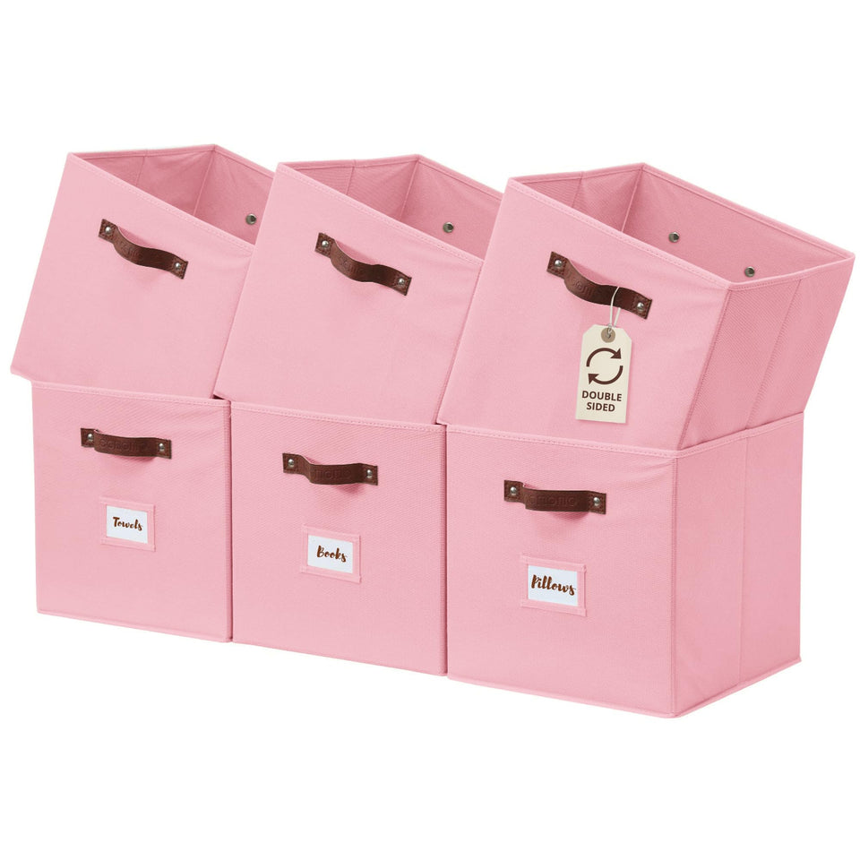 DECOMOMO pink storage bin with front label for easy categorization on shelves.