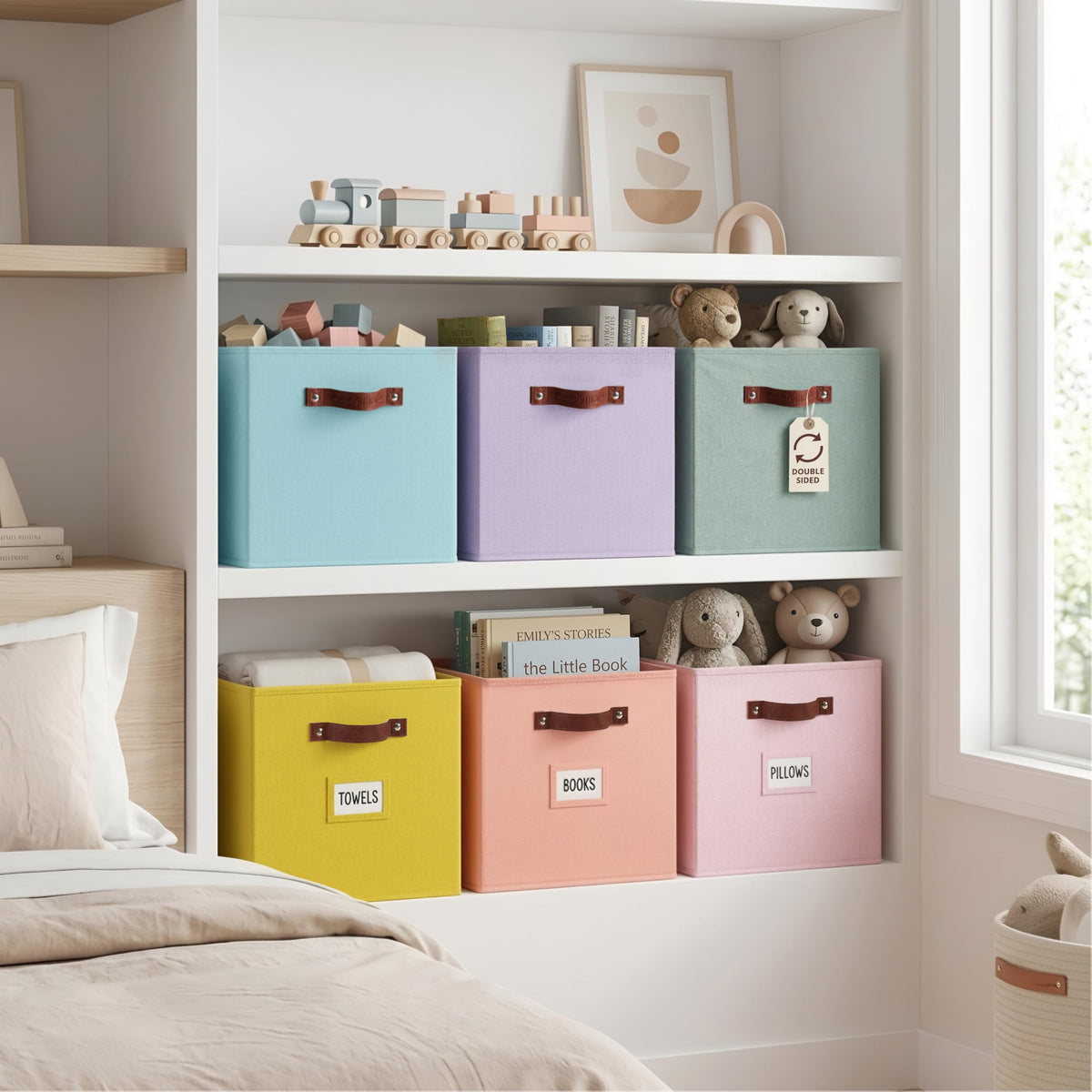 DECOMOMO rainbow storage bin with label front view illustrating clear organization