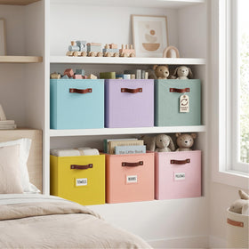 DECOMOMO rainbow storage bin with label front view illustrating clear organization