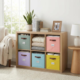 DECOMOMO rainbow storage bin front with labeled panel for easy categorization