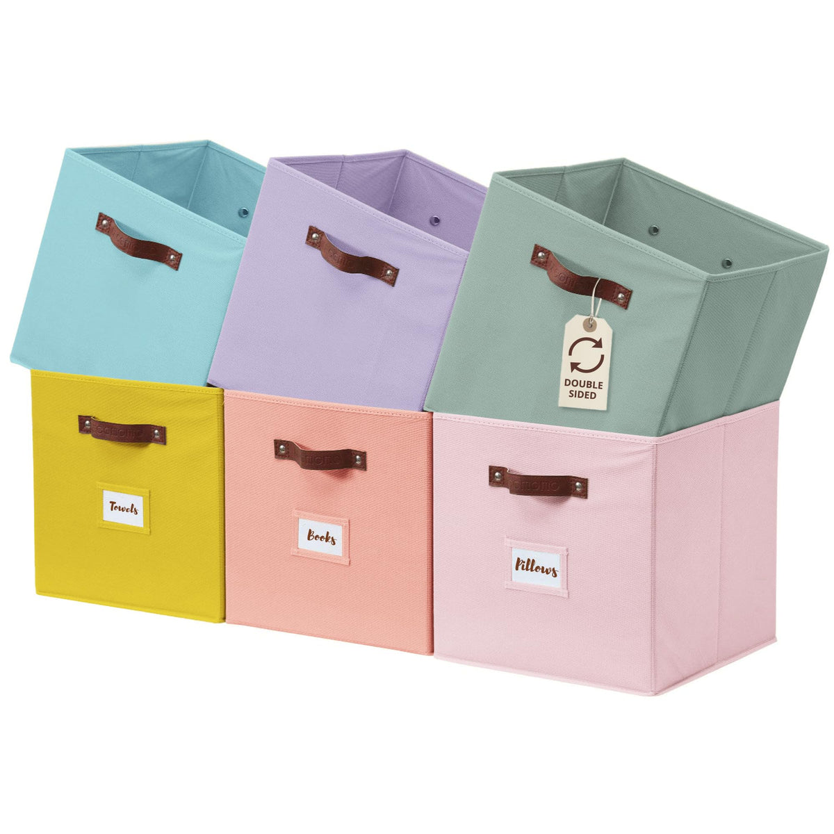 DECOMOMO rainbow storage bin on shelf showing vibrant color for quick item finding