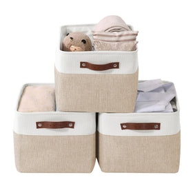 DECOMOMO storage bin 15x11x9.5 in beige and white keeps shelves tidy.