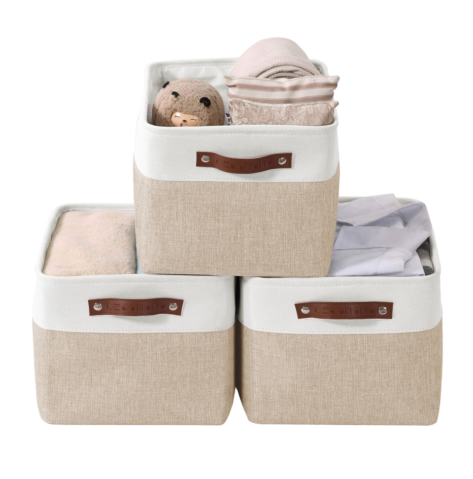 DECOMOMO storage bin 15x11x9.5 in beige and white keeps shelves tidy.