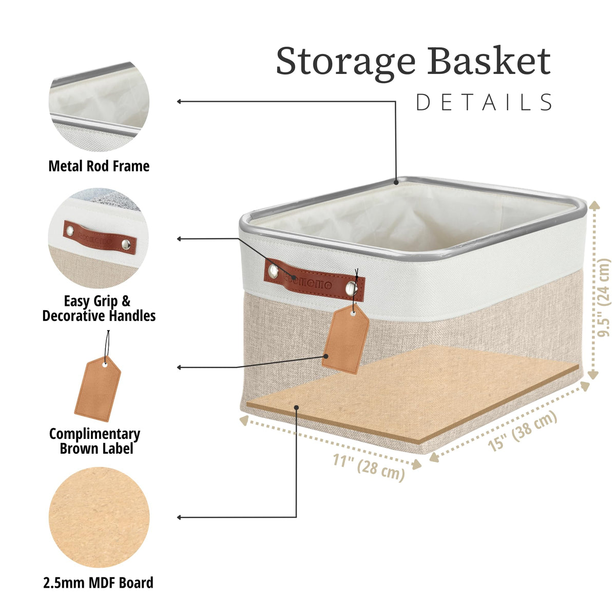 DECOMOMO storage bin with dual faux leather handles for sturdy lifting.